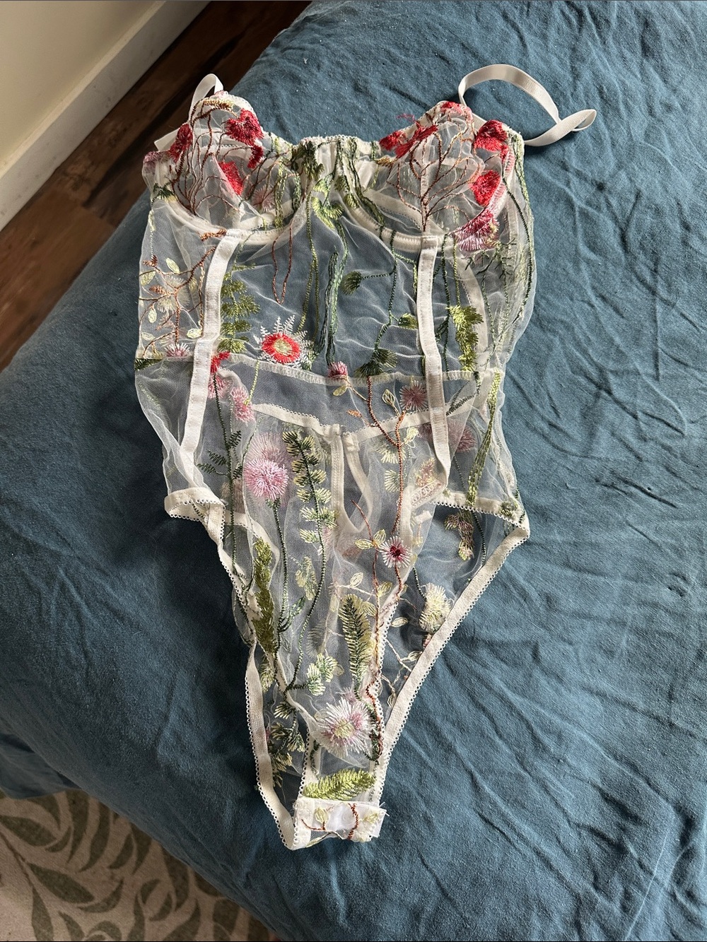 NWOT Sheer Floral Embroidered Lingerie - White with Pink & Green Embroidery